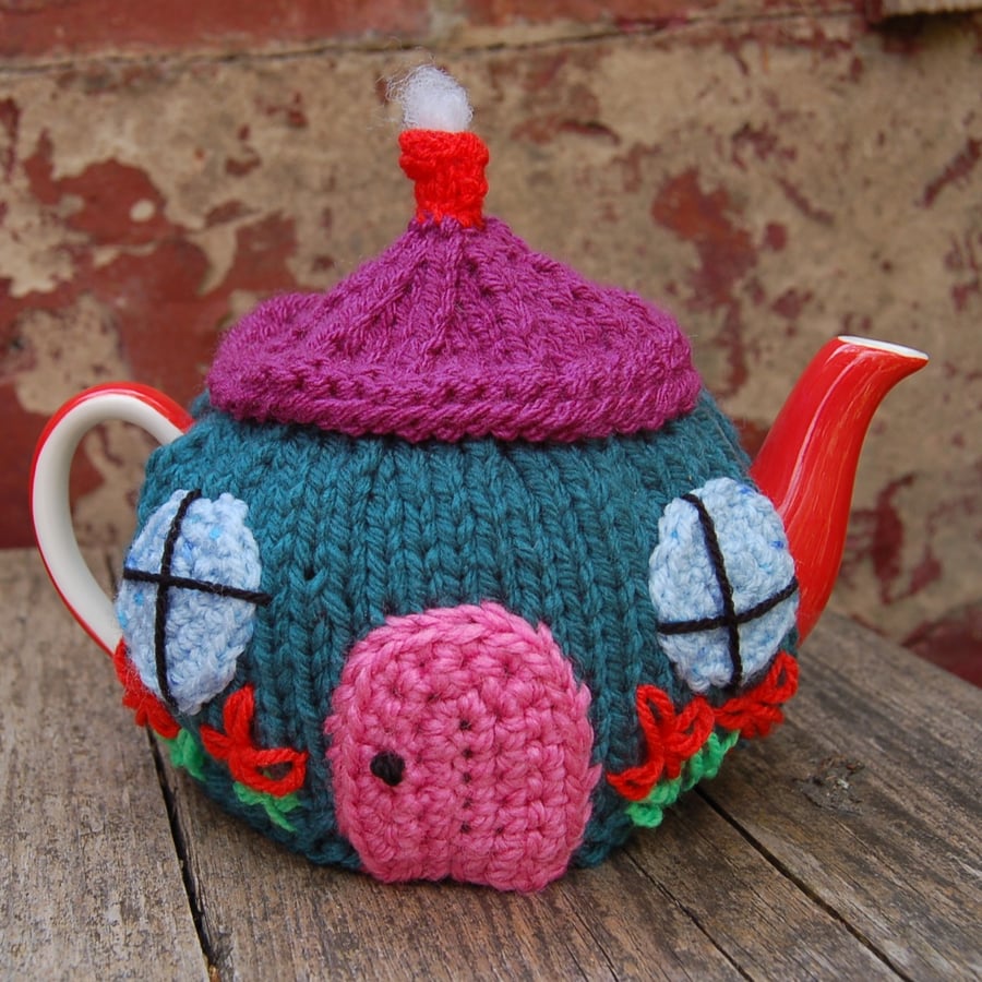 Country cottage tea cosy - hand embroidered, to fit a tea for one or two  teapot