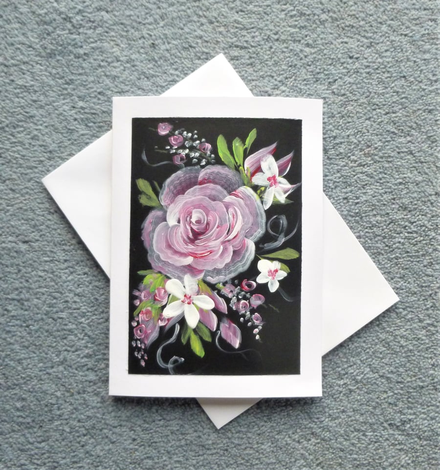 hand painted rose floral blank greetings card ( ref F 381.A1 )