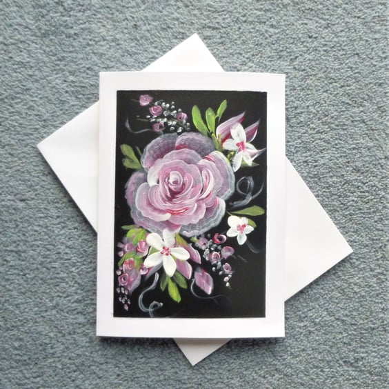 hand painted rose floral blank greetings card ( ref F 381.A1 )