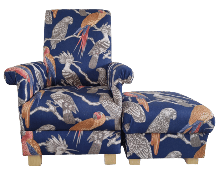 Adult Chair & Footstool iLiv Aviary Marine Navy Blue Fabric Armchair Birds Grey