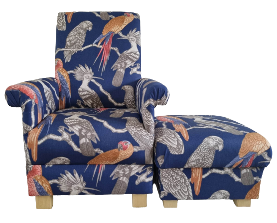 Adult Chair & Footstool iLiv Aviary Marine Navy Blue Fabric Armchair Birds Grey