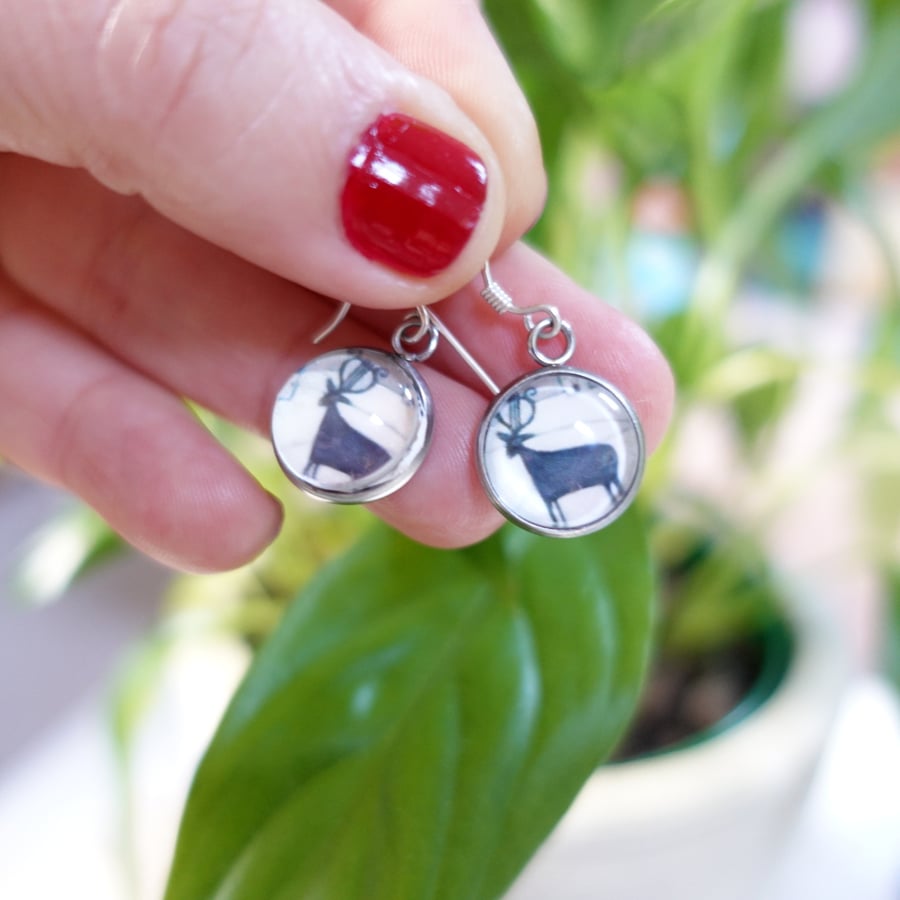 Deer Earrings with Art Print, Music Lyre Earrings, Christmas Accessory