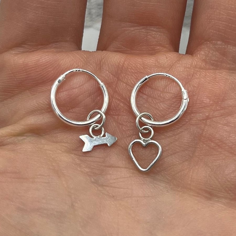 Heart & Arrow Petite Hoop Earrings - Handmade, Sterling Silver   