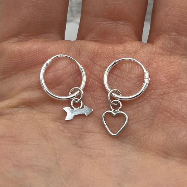 Heart & Arrow Petite Hoop Earrings - Handmade, Sterling Silver   