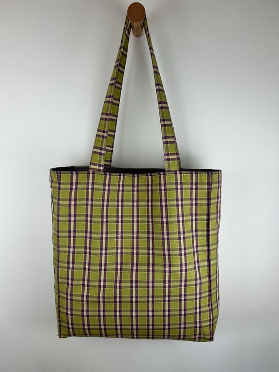 Green Lavender Plaid Tote Bag, Woven Cotton Rayon Fabric