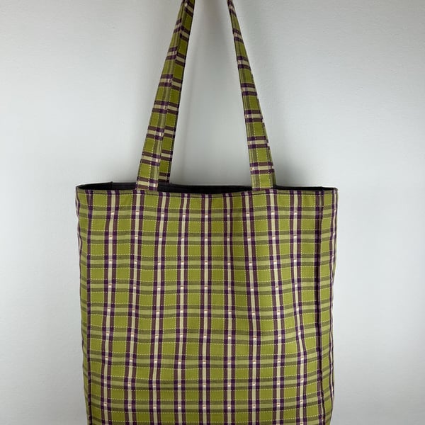 Green Lavender Plaid Tote Bag, Woven Cotton Rayon Fabric