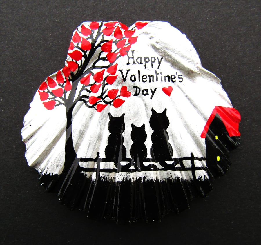 Cat Valentines Gift, Hand Painted Shell, Three Black Cats Love Tree Painting