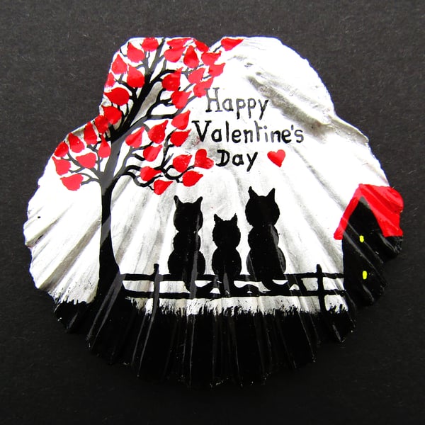 Cat Valentines Gift, Hand Painted Shell, Three Black Cats Love Tree Painting