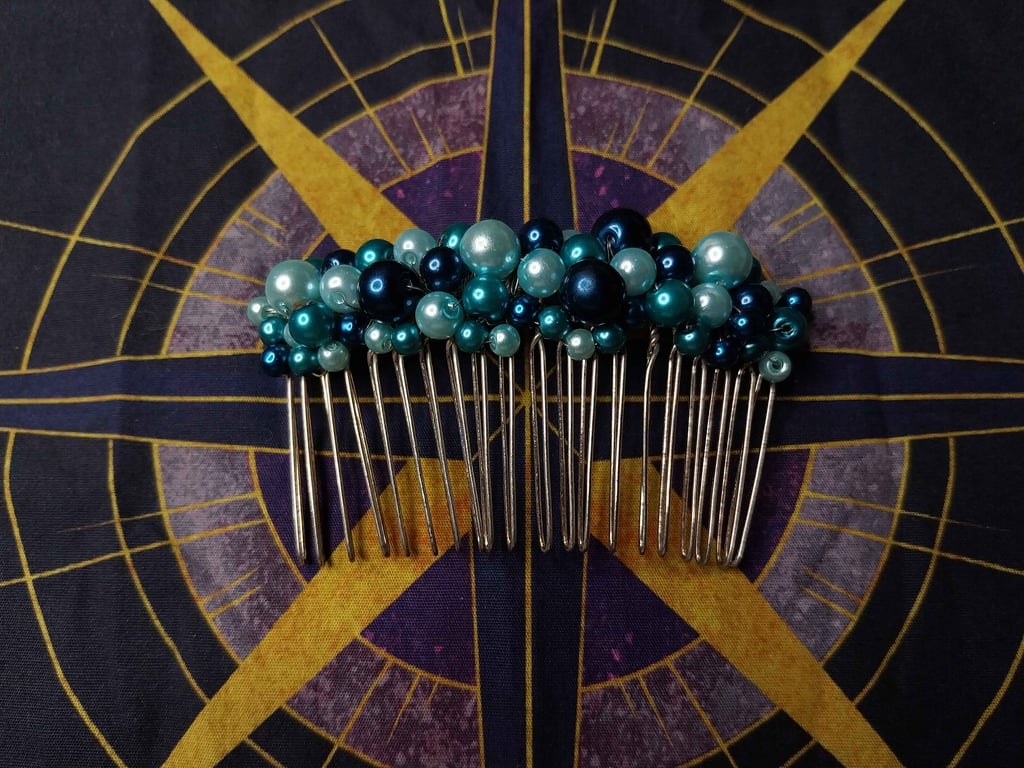 Blue glass pearl hair comb, prom hair accessory