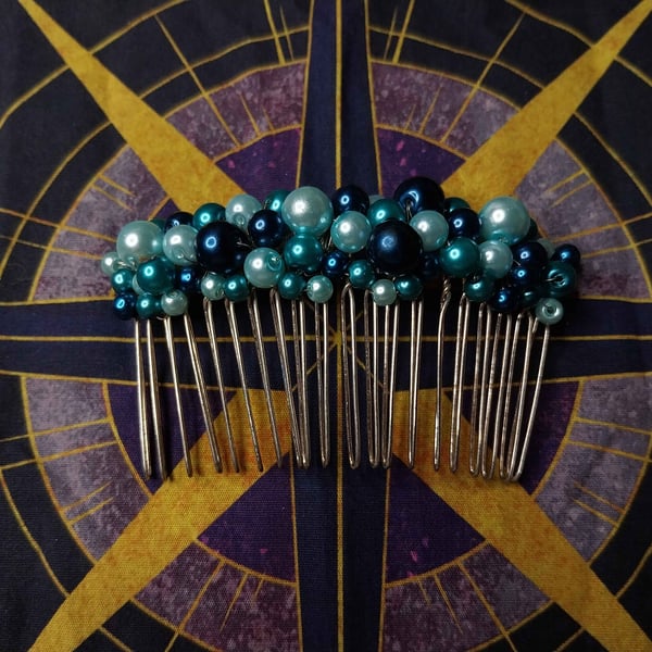 Blue glass pearl hair comb, prom hair accessory