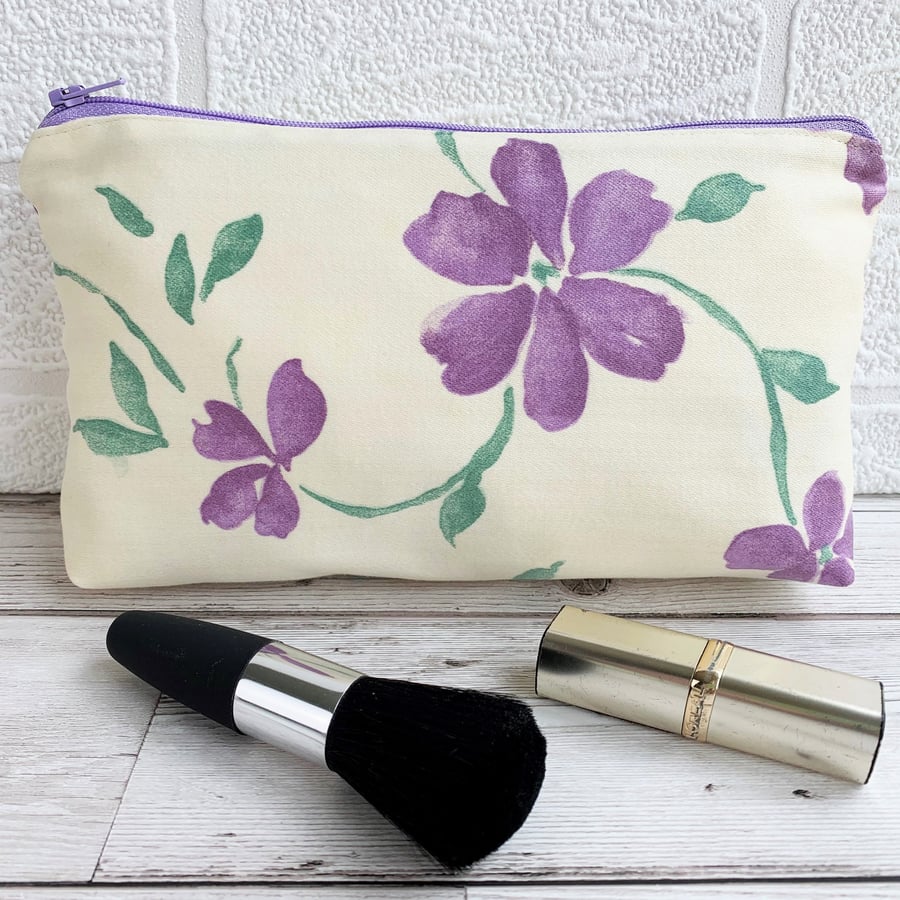 Floral make up bag, cosmetic bag with purple clematis