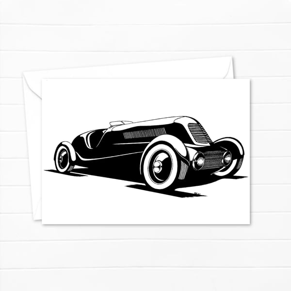 Vintage American Car Greetings Card: Detailed Pen and Ink Illustration (414)