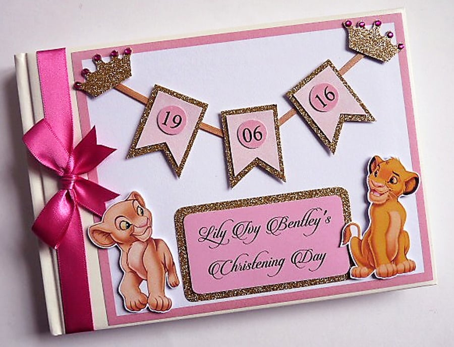 Personalised Lion King Simba and Nala  pink and gold girls birthday guest book