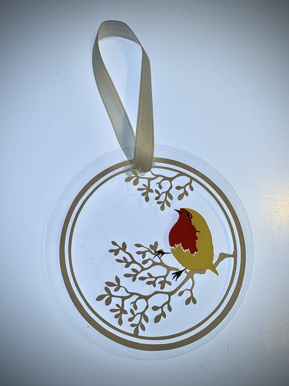 Handcrafted Robin Hanging Decoration – Winter Bird Ornament on Clear Acrylic