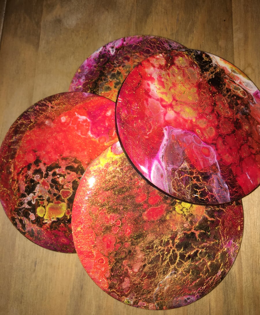  Red, lightweight,  round , fluid art coasters, set of 4