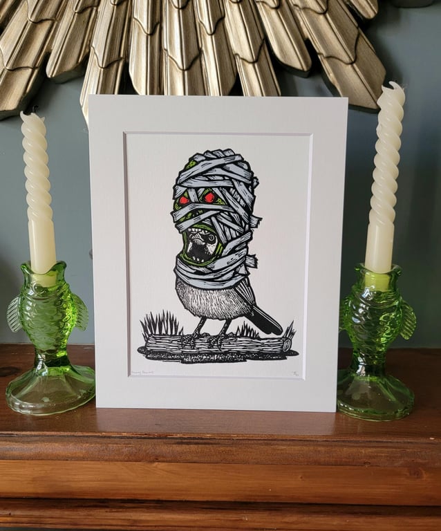 Mummy Dearest - handmade original linocut bird art print