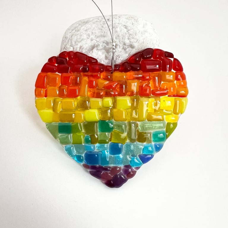 Fused Glass Rainbow Heart - Handmade Glass Suncatcher