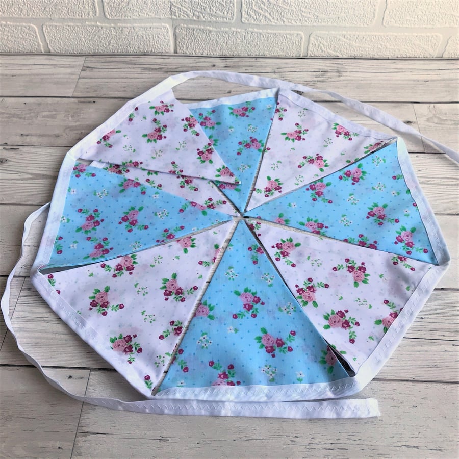 Shabby chic floral bunting in blue, white and pink