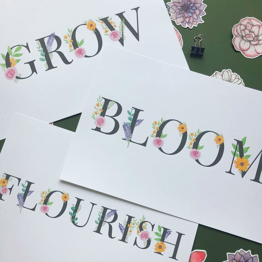 GROW, BLOOM, FLOURISH Wildflower Prints; Set of 3 A4 Prints
