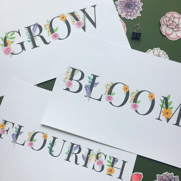 GROW, BLOOM, FLOURISH Wildflower Prints; Set of 3 A4 Prints