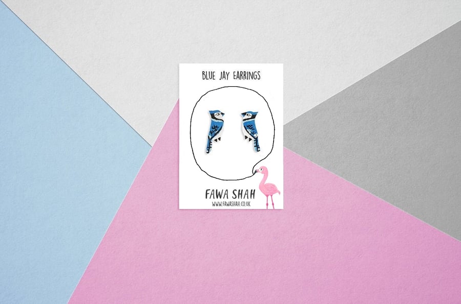 Blue Jay Stud Earrings - Handpainted - Bird Earrings