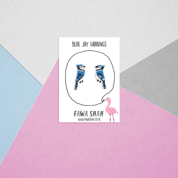 Blue Jay Stud Earrings - Handpainted - Bird Earrings