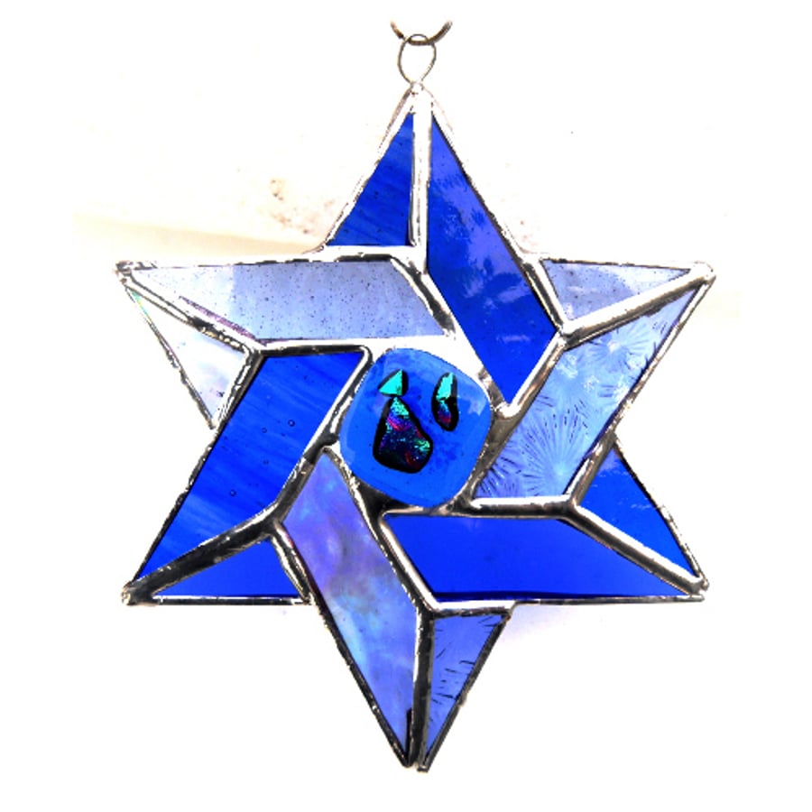 Star of David (Magen David) Suncatcher Stained Glass Blue 024