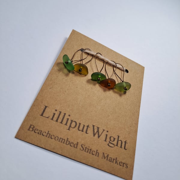 Five green and brown sea glass stitch markers