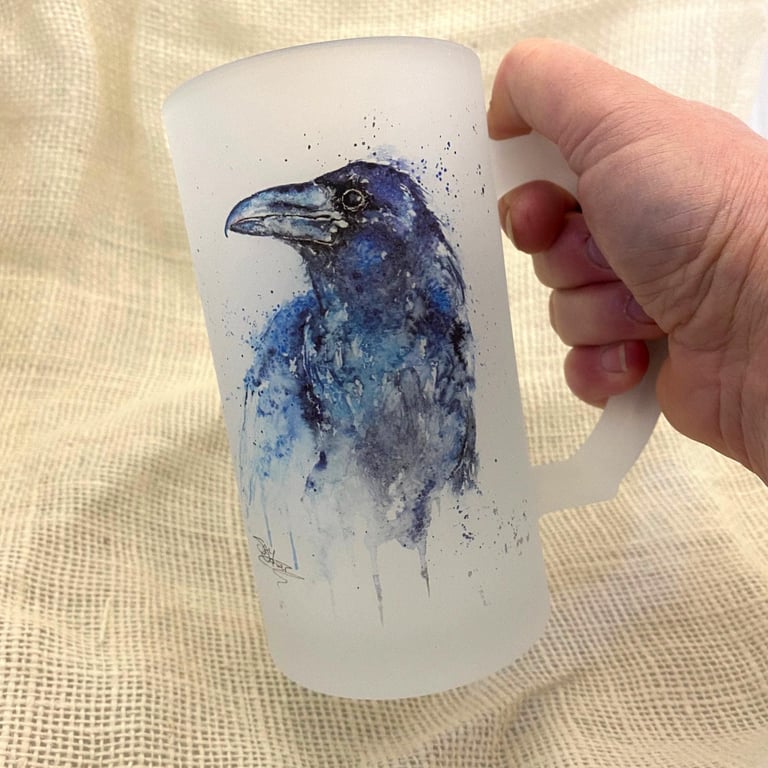 Raven Frosted Beer Glass, Tankard, Stein, 500ml Drinks Glass with Handle. Waterc