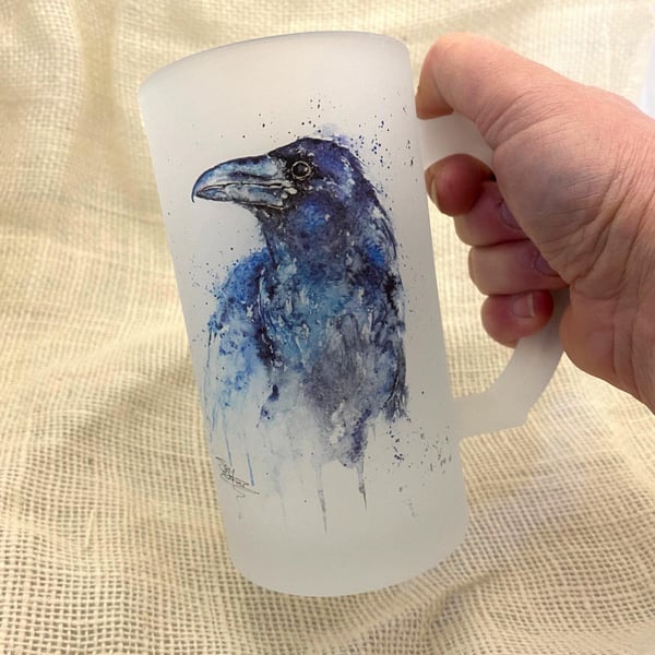 Raven Frosted Beer Glass, Tankard, Stein, 500ml Drinks Glass with Handle. Waterc