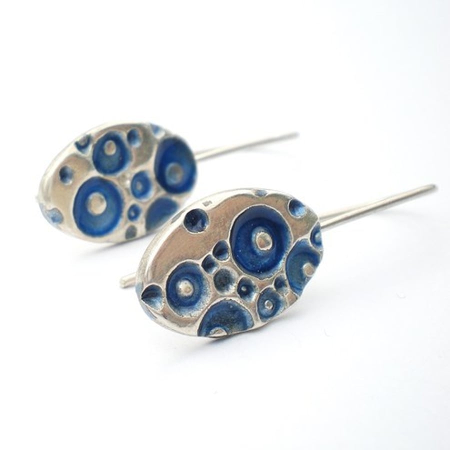 Small Oval Silver Blue Enamel Earrings
