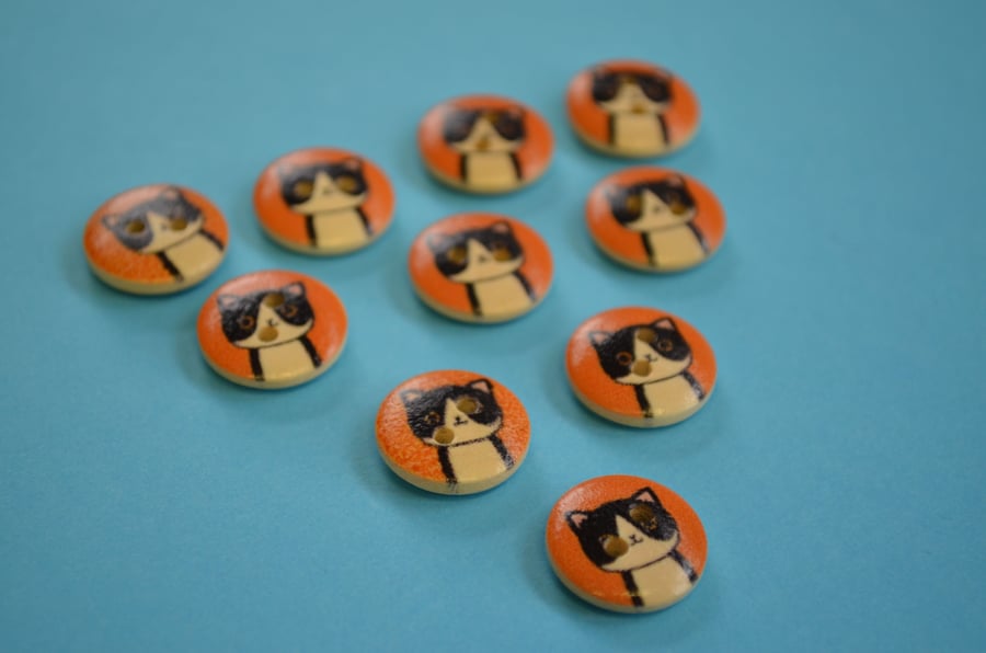 15mm Wooden Cat Buttons Orange Black White 10pk Pussy Kitten Kitty (SCT9)