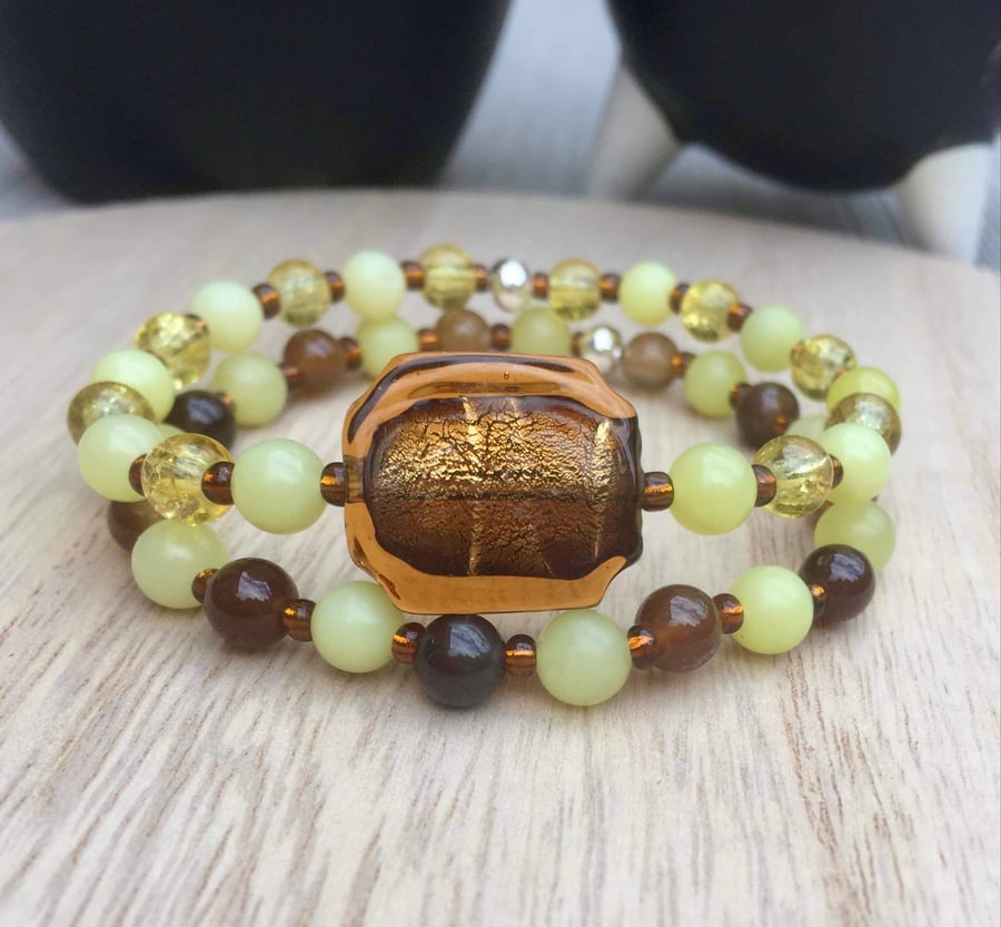 Yellow and Brown Glass Beaded Gemstone Bracelet Set