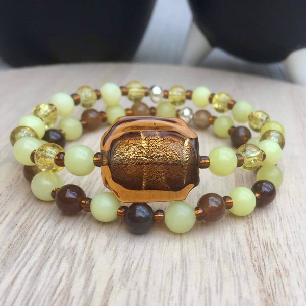 Yellow and Brown Glass Beaded Gemstone Bracelet Set