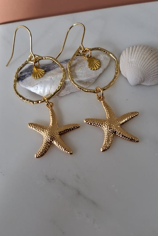 Starfish Seashell Drop Gold Earrings