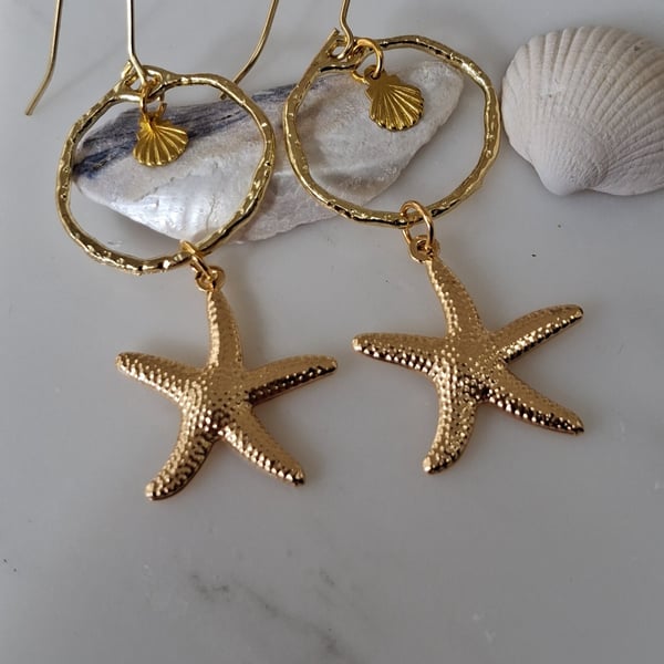 Starfish Seashell Drop Gold Earrings