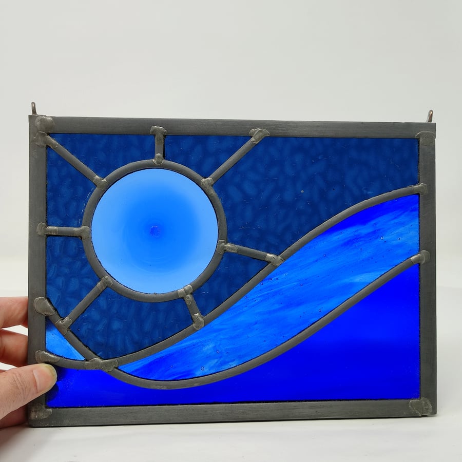 SOLD Night time moon stained glass leaded panel