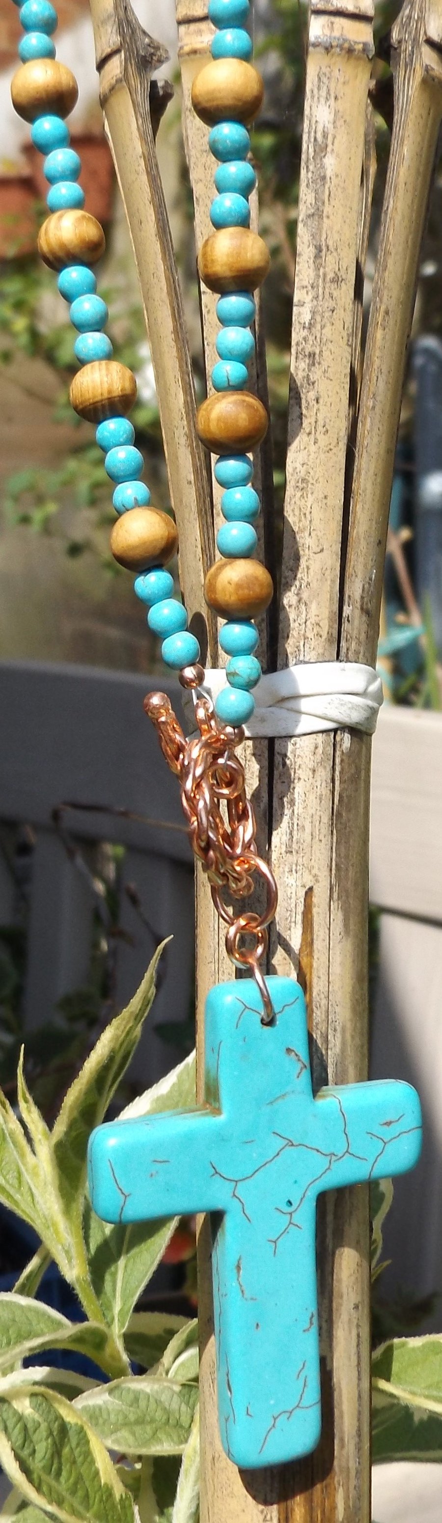 Turquoise magnesite and burly wood necklace with magnesite cross pendant