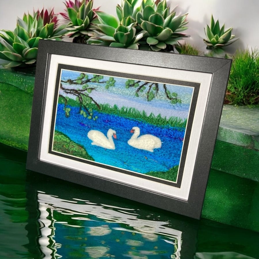 Textile picture, needle felted, Swans swimming, 5" x 7" mounted or framed