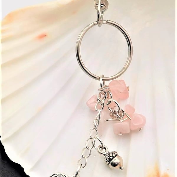 Rose Quartz Squirrel and Acorn Charm Keyring