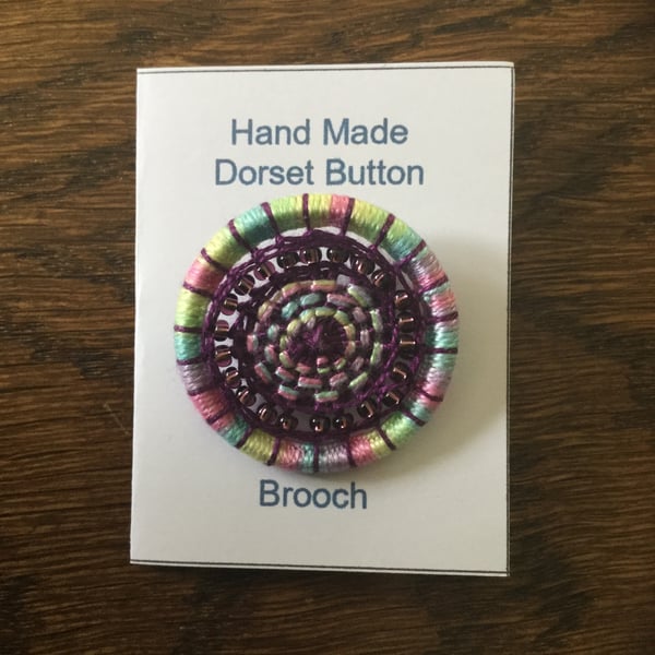Beaded Dorset Button Brooch, Pastels and Purple, B8