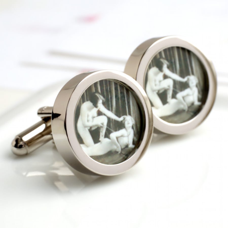 Bondage Cuff Links of Victorian Women in Chains, Fine Vintage Fun