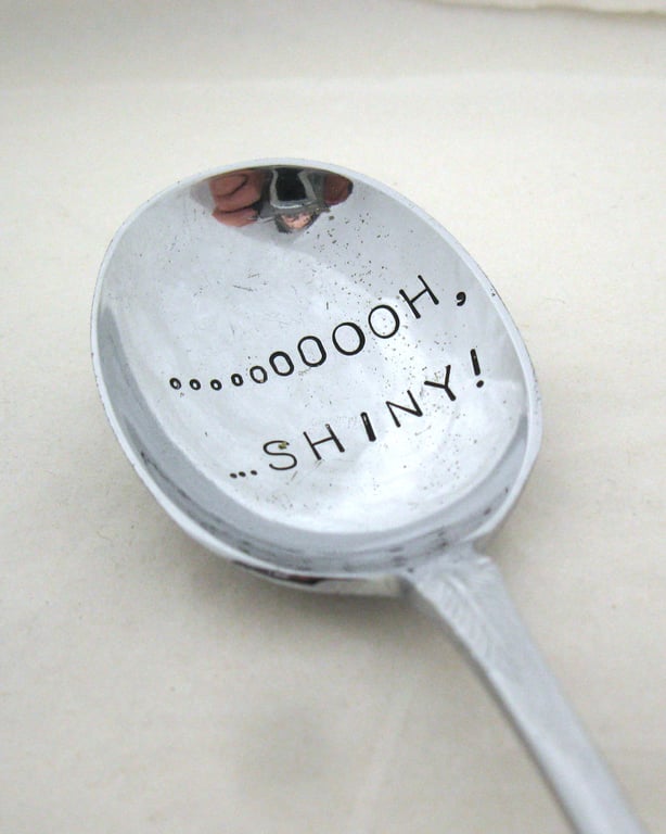 Ooooh Shiny Spoon, handstamped vintage chromium plated dessertspoon