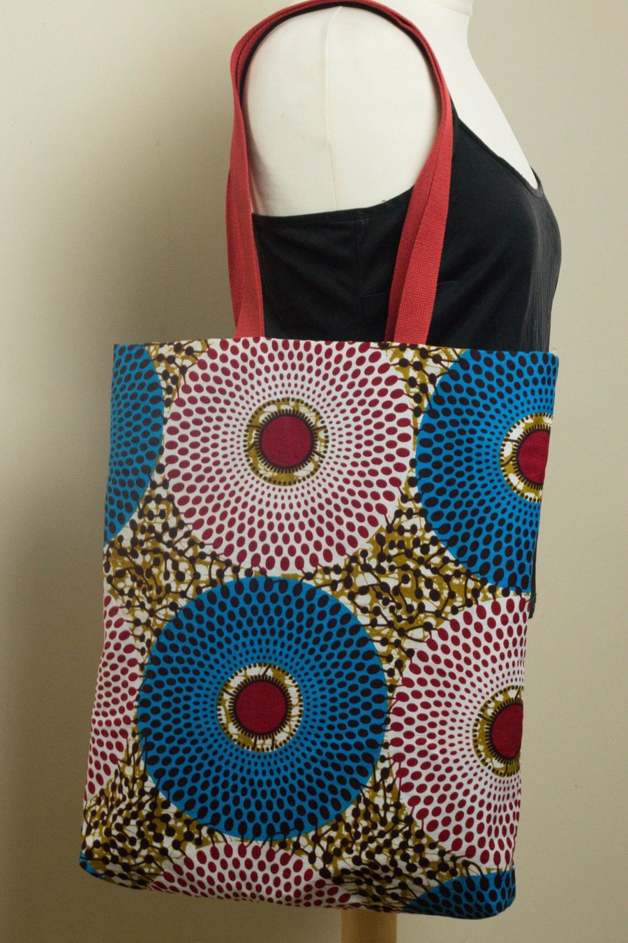 Red and blue reusable African Ankara fabric medium tote bag