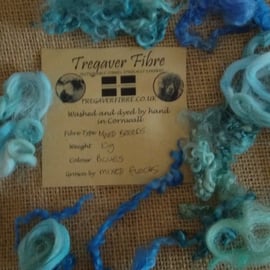 Blue mix, mixed breeds curly wool, 10g batch, needle felting, doll hair