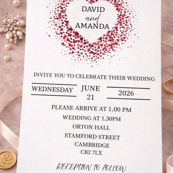 Handmade Wedding Invitation, Heart Confetti Design 