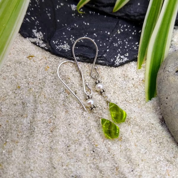 Silver Peridot & Pearl Drop Earrings