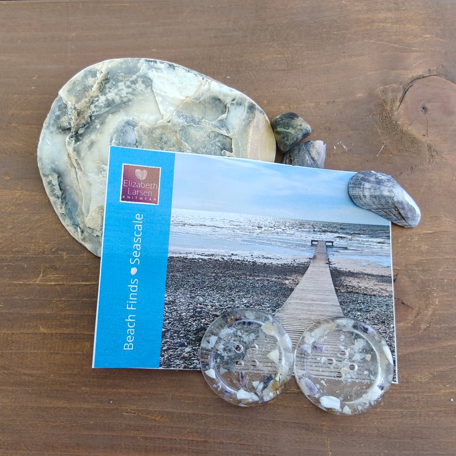 Handmade Seashore Sand & Shells Buttons. Pair of 3.5cm beach buttons.