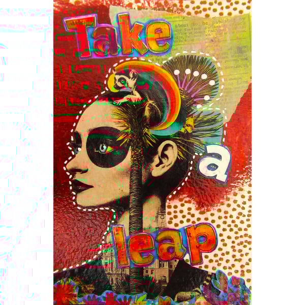 Inspirational Feminist Art TAKE A LEAP Surreal Female Portrait In Mixed Media