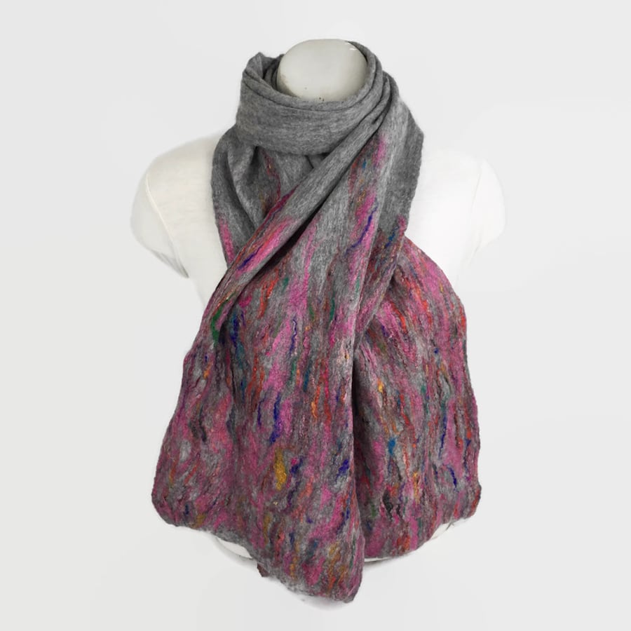 Grey merino wool and multicoloured silk felted scarf